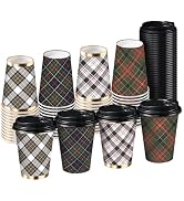 RUSPEPA Disposable Paper Coffee Cups with Lids - 48 Pack, 12 oz, Christmas Plaid Design, Thickene...