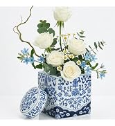 Goaste Square Ceramic Ginger Jar with Lid, 8.2 Inch Blue and White Ginger Jars Decorative, Chinoi...