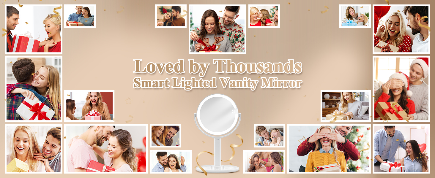 Text reads: 'Smart Lighted Vanity Mirror', 'Loved by thousands'. Collage of product images showing vanity mirror in use.