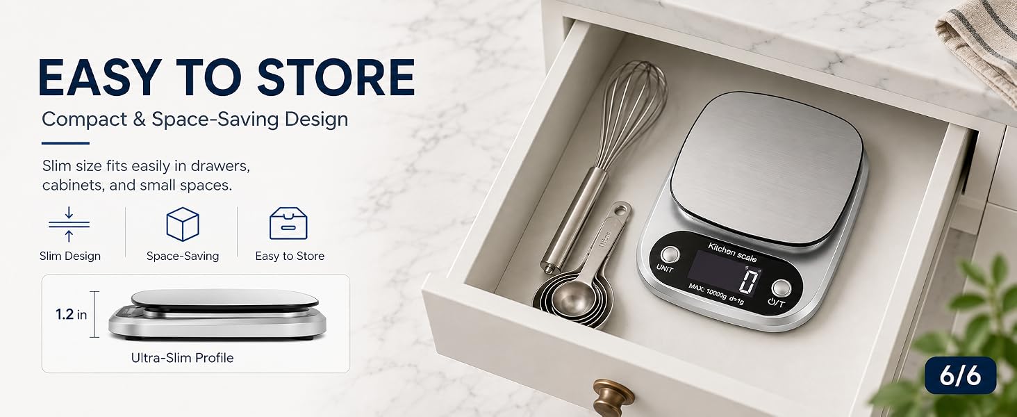 Compact digital kitchen scale with a slim design for easy drawer storage.