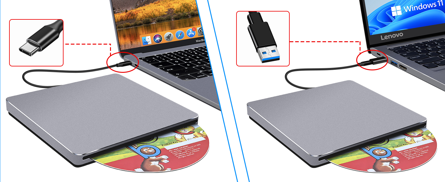 This CD rom external drive for laptop supports different USB computers with high-speed transfer.