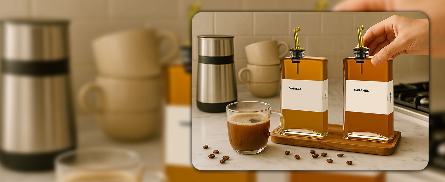 Hand reaching for coffee syrup dispenser next to another syrup bottle and coffee mug