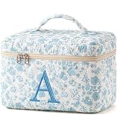 HBselect Initial Makeup Bag, Quilted Makeup Bag, Cotton Large Travel Makeup Bag, Cute Floral Coqu...