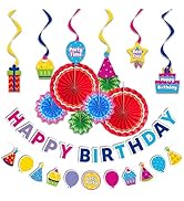 HonuGoGo 14-Piece Colorful Birthday Decoration Kit – Includes Happy Birthday Banners, Paper Fans ...