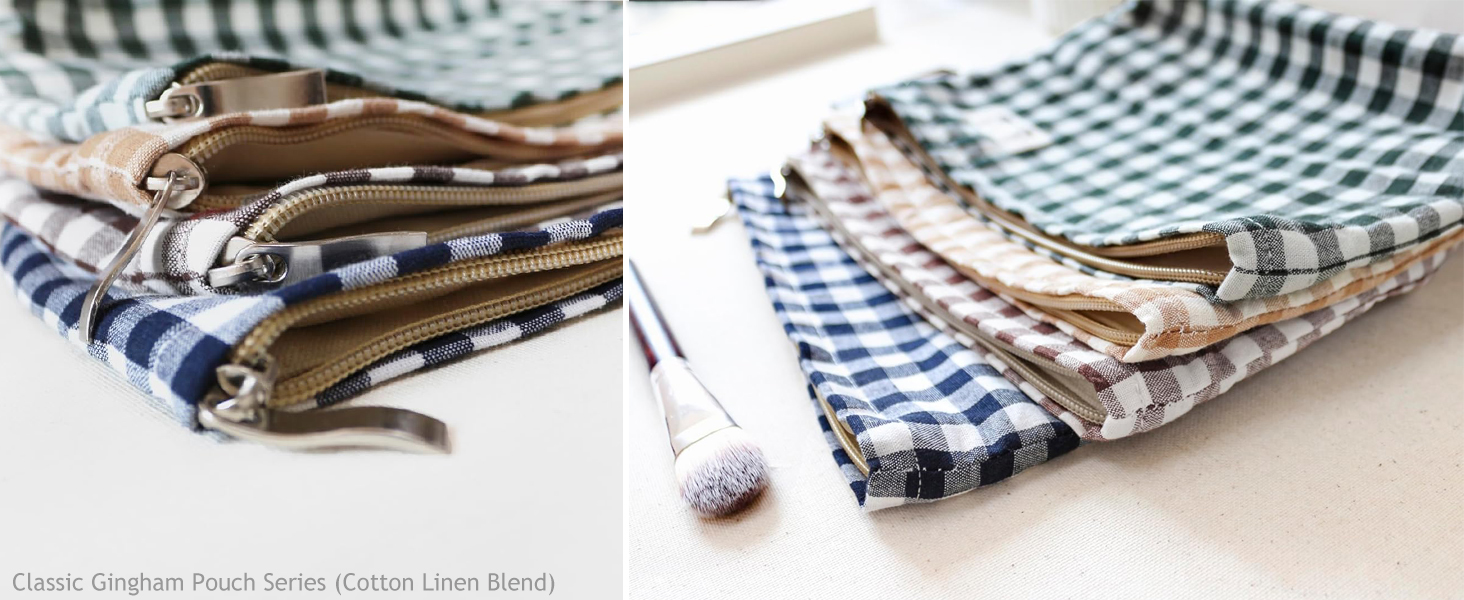 gingham makeup bag, canvas lining, durable zipper, large capacity, khaki green navy blue coffebrown