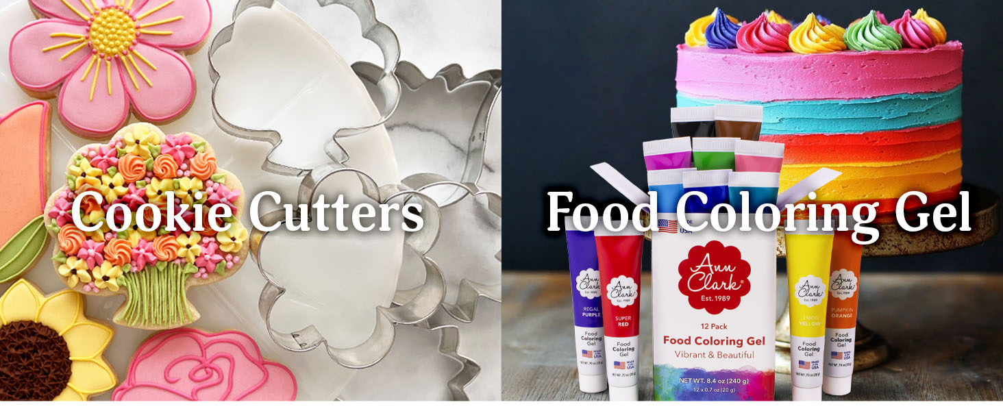 Cookie cutters and food coloring gel, shapes and colors for every season