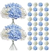 Cherica 50 Pcs Faux White Blue Hydrangea Artificial Flowers Bulk, Fake Silk Hydrangea Flowers Hea...