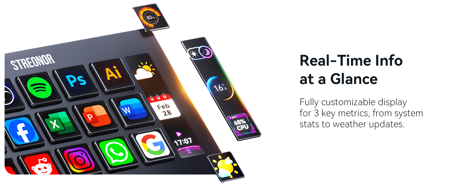 Text reads 'Real-Time Info at a Glance'. Smartwatch display with colorful app icons grid including green phone icon, blue social media icons, orange calendar, messaging, and other applications on dark background.