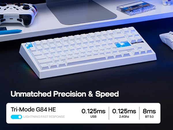 Text reads 'Unmatched Precision & Speed', 'Tri-Mode G84 HE', '0.125ms', '0.125ms', '8ms'. White mechanical keyboard with blue LED lighting on dark surface.