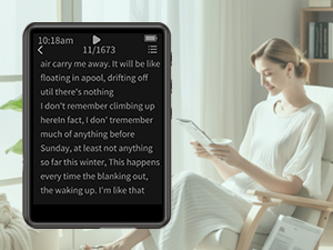 E-reader device displaying text against blurred background of person. Black screen with white text visible, showing part of a written passage.