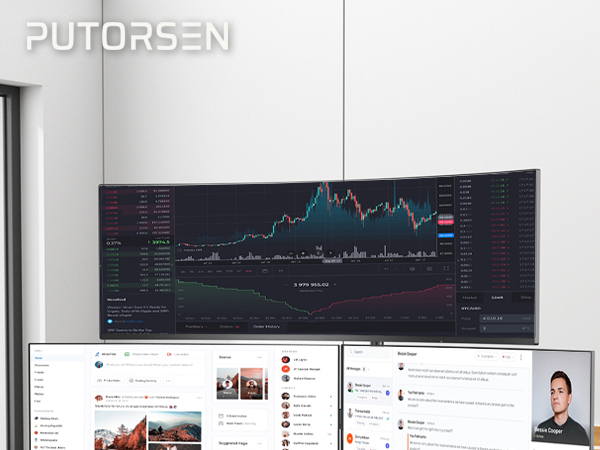 Text reads 'PUTORSEN'. Multiple screenshots of financial or trading platform interfaces showing graphs, charts and data displays against dark backgrounds.