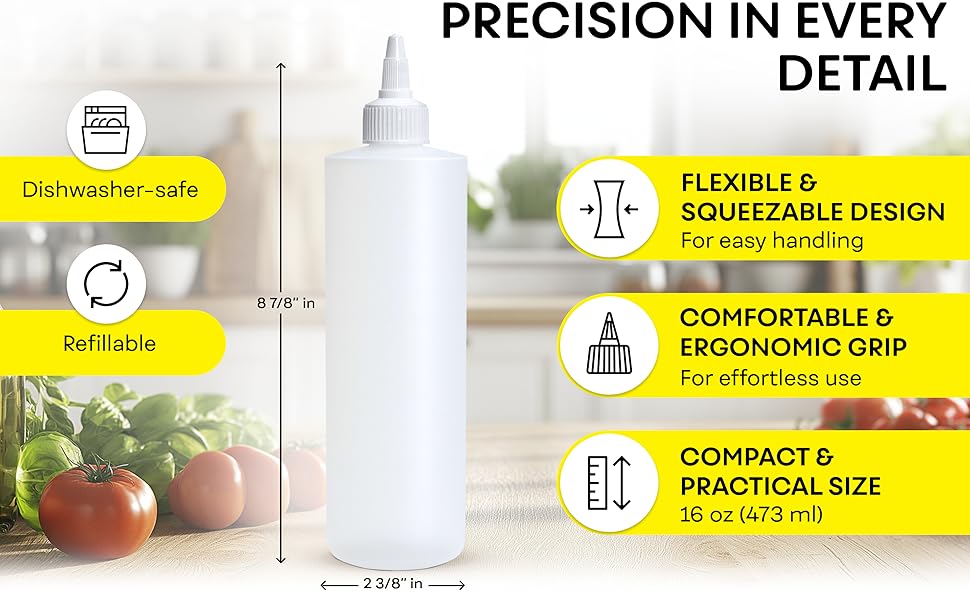dishwasher safe, refillable, flexible, squeezable design, comfortable grip, practical size