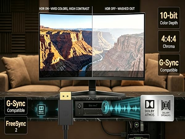 QCEs DP Cable, HDR & Dolby Atmos, 10-bit Vivid Color