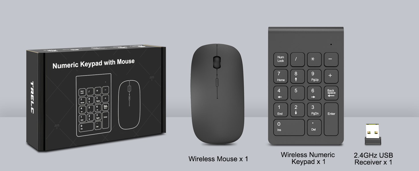 Numeric Keypad x 1, Mouse x 1, USB Receiver x 1