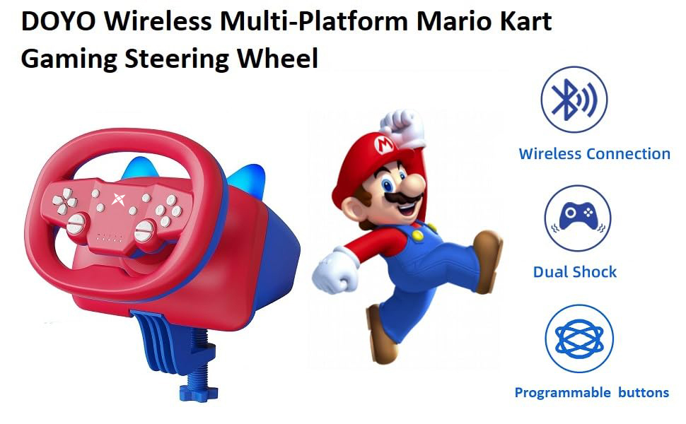 Text reads 'DOYO Wireless Multi-Platform Mario Kart Gaming Steering Wheel'. Product images showing blue and red gaming wheel with wireless connection and programmable buttons icons.