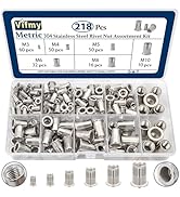 Vifmy Metric 304 Stainless Steel Rivet Nut Assortment Kit(218 Pcs),M3 M4 M5 M6 M8 M10 Flat Head R...