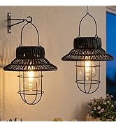 pearlstar Solar Hanging Lanterns Outdoor Waterproof 2 Pack Rattan Woven Solar Powered Wall Lights...