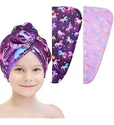 Basumee Microfiber Hair Towel Wrap for Kids 2 Pack Rapid Drying Hair Towel with Button Hair Turba...