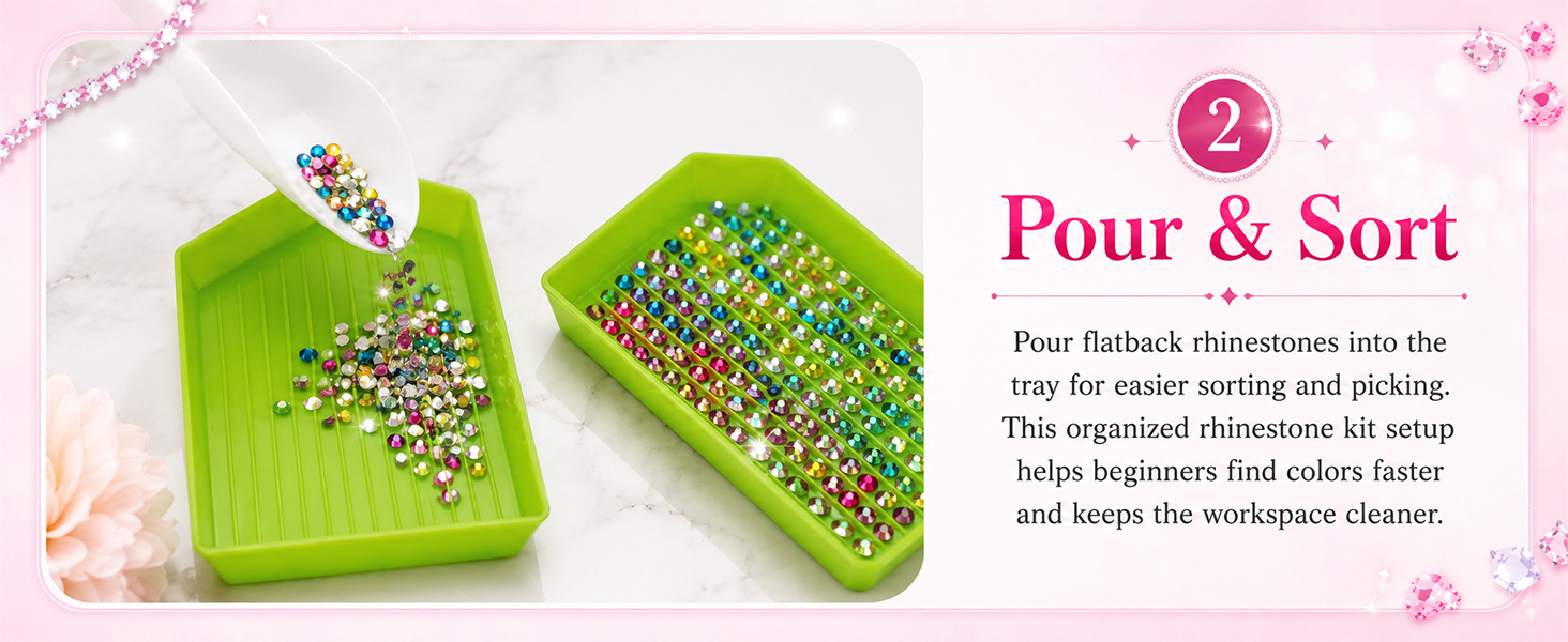 Flatback rhinestones poured into a tray for easier sorting and picking