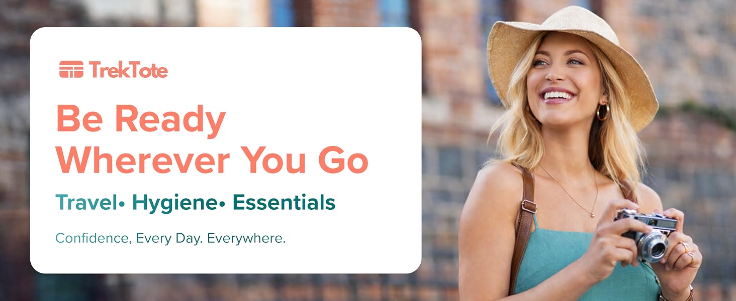 Woman with camera and hat beside TrekTote travel hygiene essentials message.