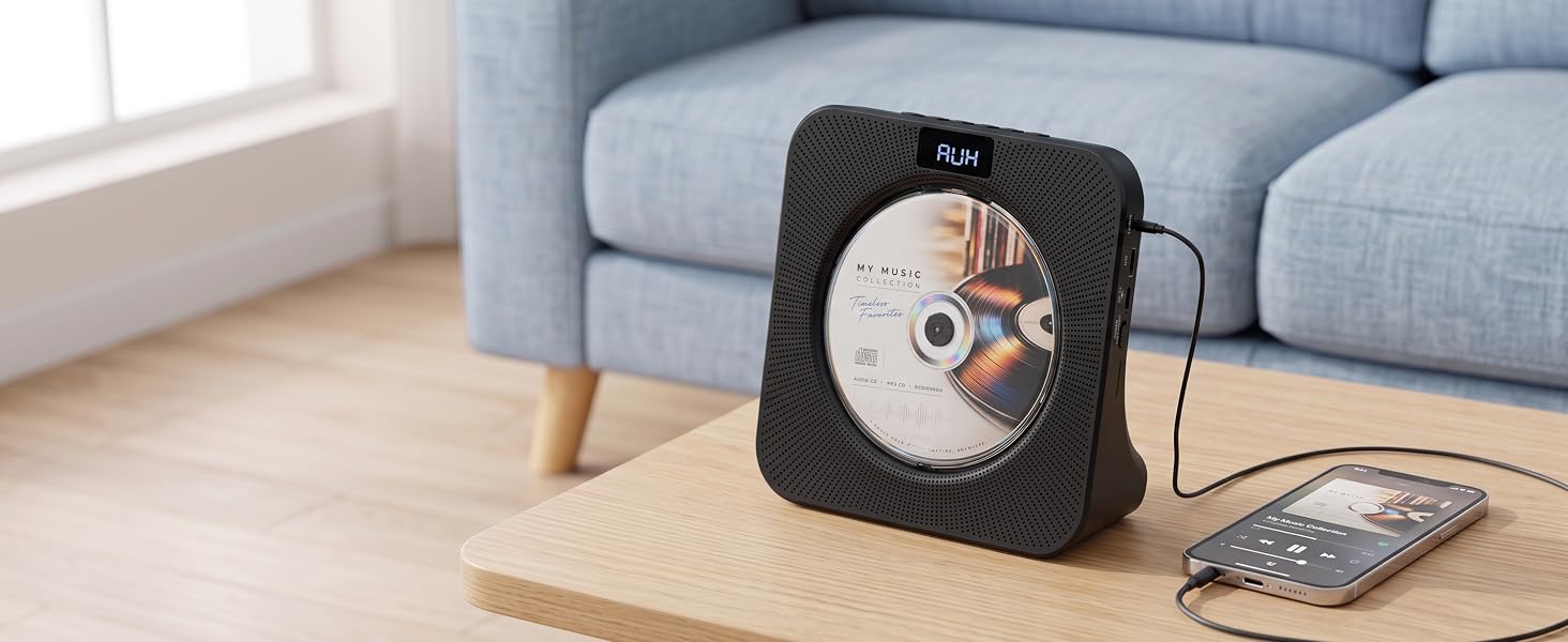 MEGATEK CP28BR Portable Desktop CD Player with AUX Input is Connected with a Smart Phone