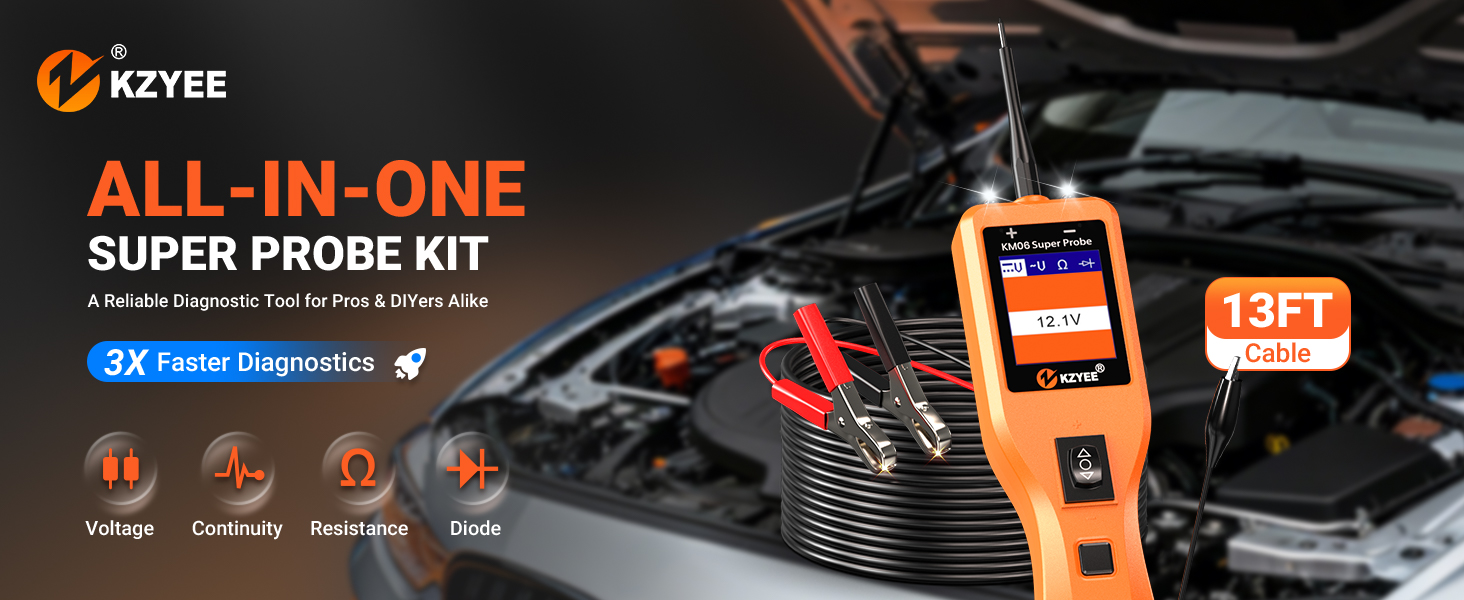 KM06 super probe kit used for car diagnostics with voltage, continuity, resistance and diode modes