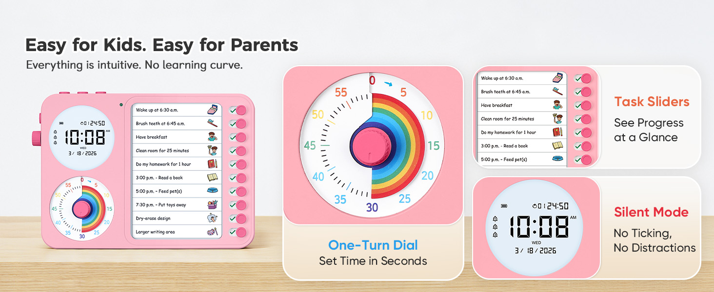 3 in 1 Visual Timer ADHD Tool Kids Adults Task Schedule Chore Planning Board Home White pink blue