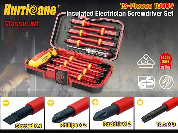 13-Pieces CR-V Magnetic Phillips Slotted Pozidriv Torx vde Screwdriver