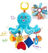 hahaland Baby Toys 0-6 Months - Car Seat Toys Octopus Toy with Pulling Cords, Squeaky, Crinkle, R...