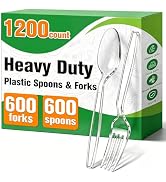 1200 Count Plastic Silverware Heavy Duty,Clear Plastic Forks and Spoons, 600 PlasticSpoons & 600 ...