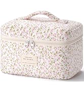 HBselect Large Quilted Makeup Bag, Cute Cotton Travel Cosmetic Bag with Handle,Women's Day Gifts,...