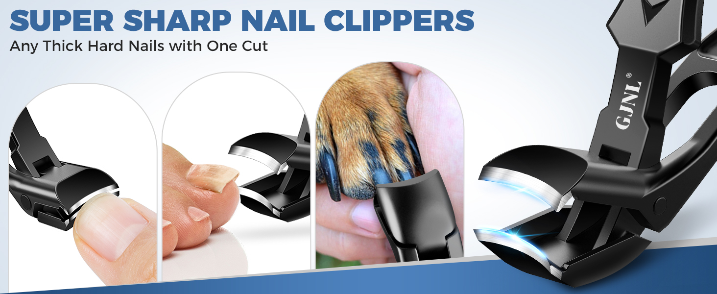 Professional nail clippers shown in three demonstration photos: clipping action, nail trimming on pet, and close-up of black metal clipper design.