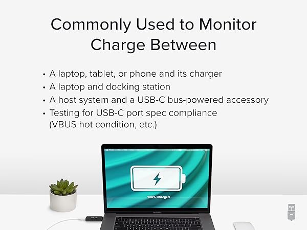 USB-C voltage and amp meter monitoring power between laptop, tablet, phone and its charger