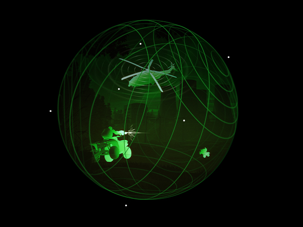 - A sphere containing a helicopter and a person riding an ATV while firing a gun