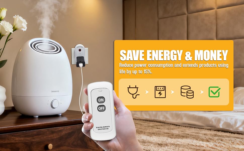 Energy-saving wireless plug with remote control in bedroom, showing power reduction for humidifier.