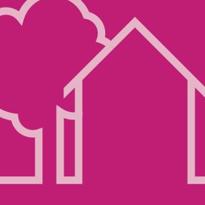 drawing of house and trees, pink background
