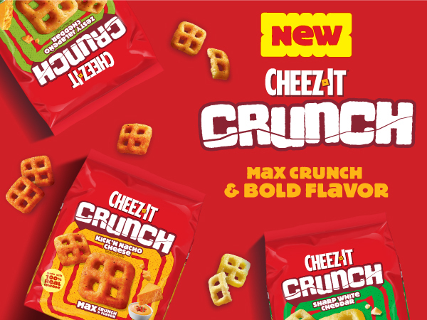 Overhead view of 3 bags of new Cheez-it crunch on red background, max crunch bold flavor