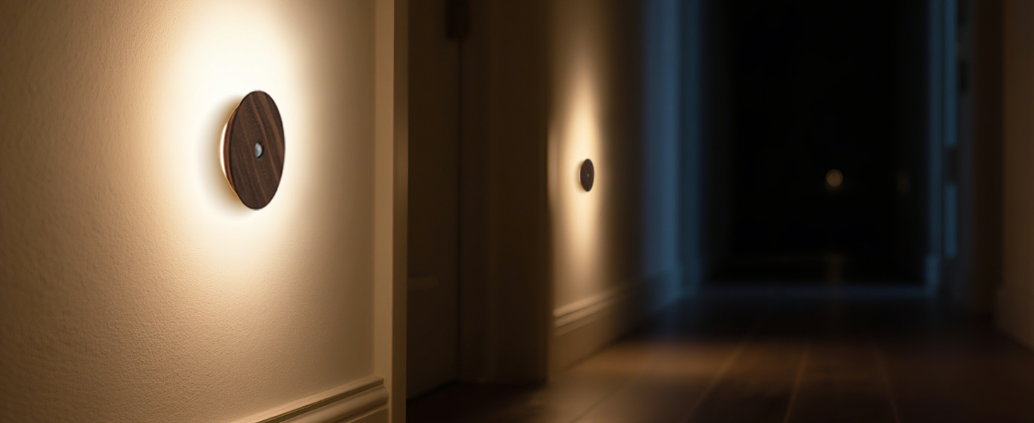 Solid wood night light with gentle backlight for hallway, turns on with motion detection.