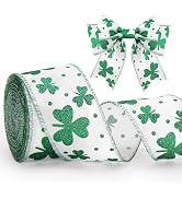 KINGLAKE St Patrick's Day Wired Ribbon - 2.5 Inch Glitter Green Shamrock Ribbon Wired for Wreaths...