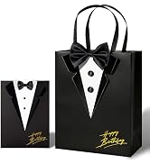 Crisky Medium Black Birthday Gift Bags for Men - 3D Tuxedo Real Bow Tie & Buttons - Signature Bir...