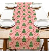 Croar Christmas Pine Tree Pink Bow Dining Table Runner, Xmas Coquette Ribbon Preppy Burlap Kitche...