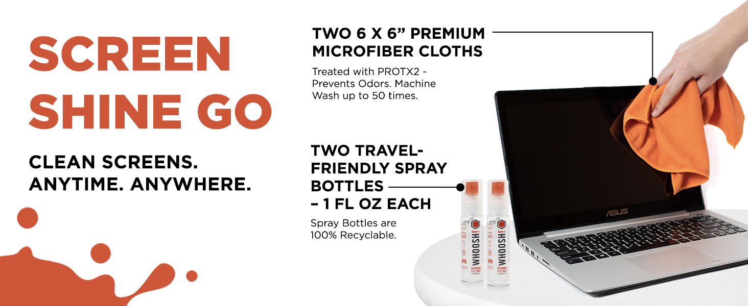 Hand wiping a laptop screen with a WHOOSH! microfiber cloth and 1 fl oz travel spray bottle.