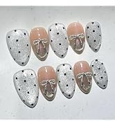 30Pcs Sweet Gray Gradient Press On Nails Almond Medium Nude Fake Nails with 3D Bow & Polka Dot Gl...