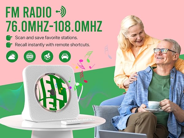 CD player and FM radio for seniors listening to music, news and weather at home sofa