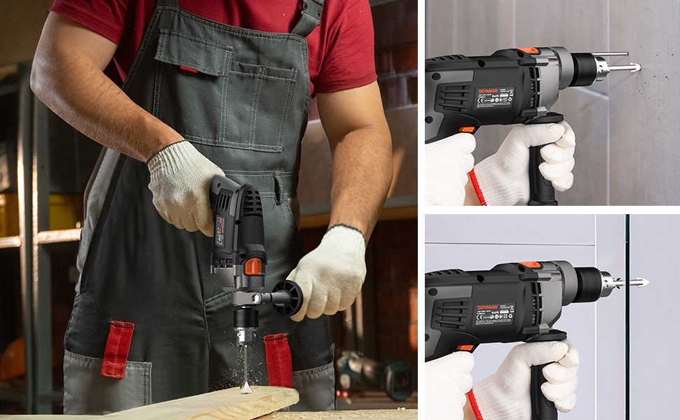 Electric drill in use, showing multiple views. Main image: person in work apron drilling wood. Side panels: close-ups of drill grip and bit. Drill features black body with red accents.