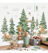 decalmile Mountain Tree Woodland Wall Decals Large Pine Tree Forest Animal Bear Deer Fox Wall Sti...
