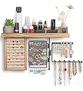 SOLIMINTR Hanging Jewelry Organizer Wall Mount with Rustic Wood Shelf, Ring Display Box, Ear Stud...