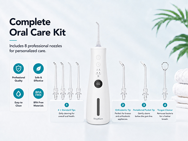 SimpliCare F5039 cordless water flosser with 8 tips for daily oral care