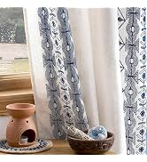 NICETOWN Boho Curtains with Navy Blue Trim 84" Long 2 Panels, Embroidered Cream Linen Textured Ge...