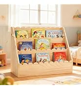 OCMML Kids Bookshelf 3-Tier, Solid Wood Bookcase & Montessori Book Display Rack, Open Front Facin...